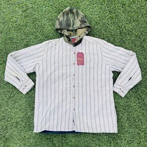 Vintage 90s Comfort Outfitter Stripe Long Sleeve Button Up Jacket With Camo Hood